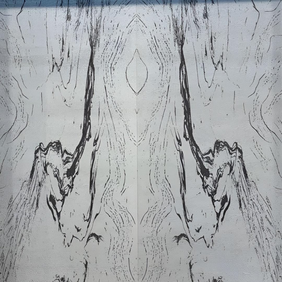 Premium fabric-backed stainless steel wall panel with bold abstract design inspired by natural forms and ink wash art