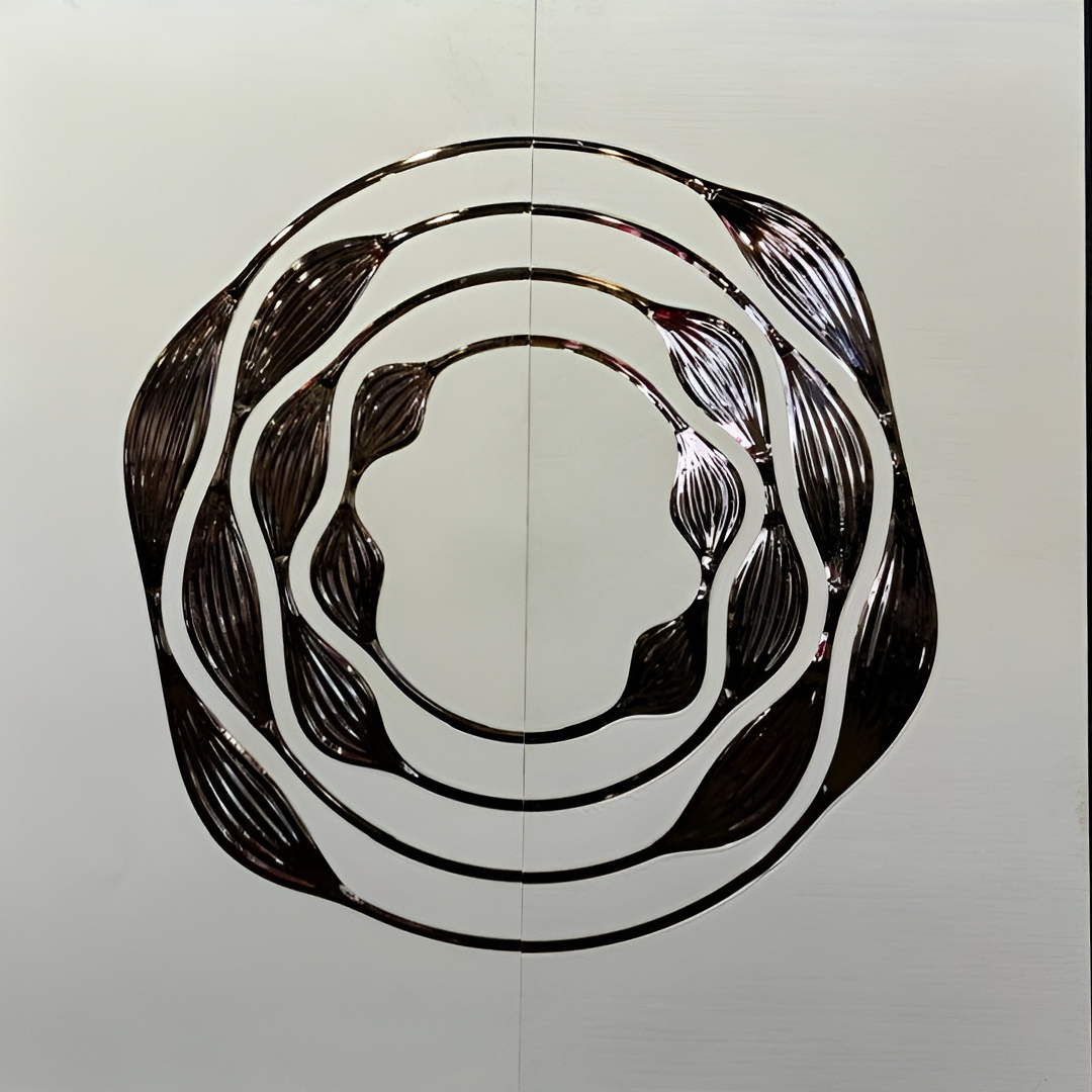 Premium fabric-backed stainless steel wall panel with dynamic abstract spiral design and flowing curves