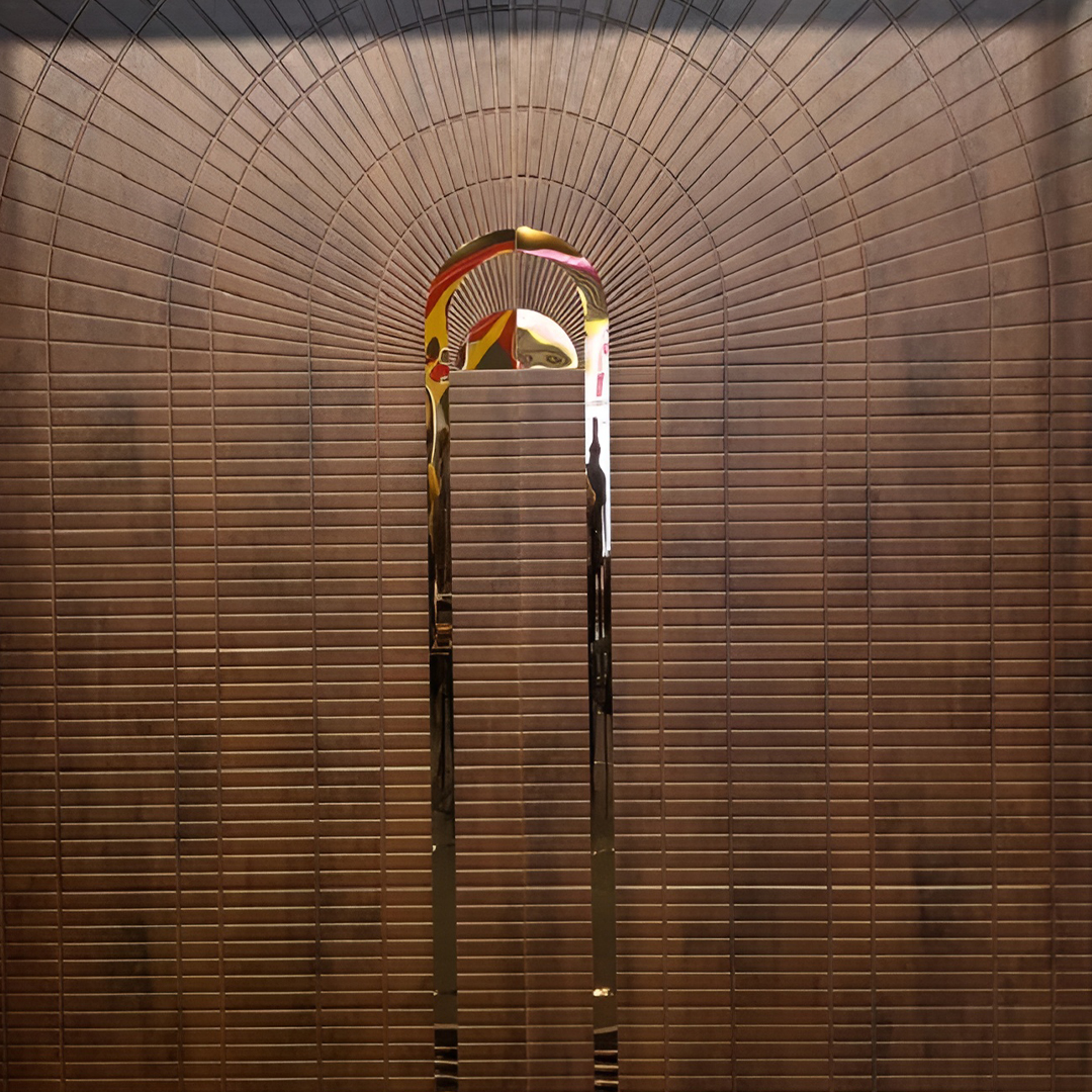 Premium fabric-backed stainless steel wall panel with sleek vertical arch design and geometric detailing