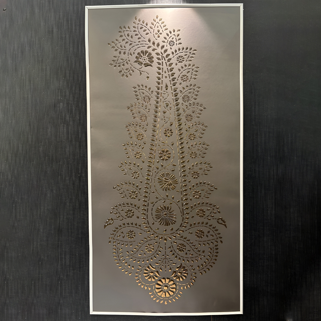 Premium fabric-backed stainless steel wall panel with ornate botanical design, delicate floral patterns and golden accents