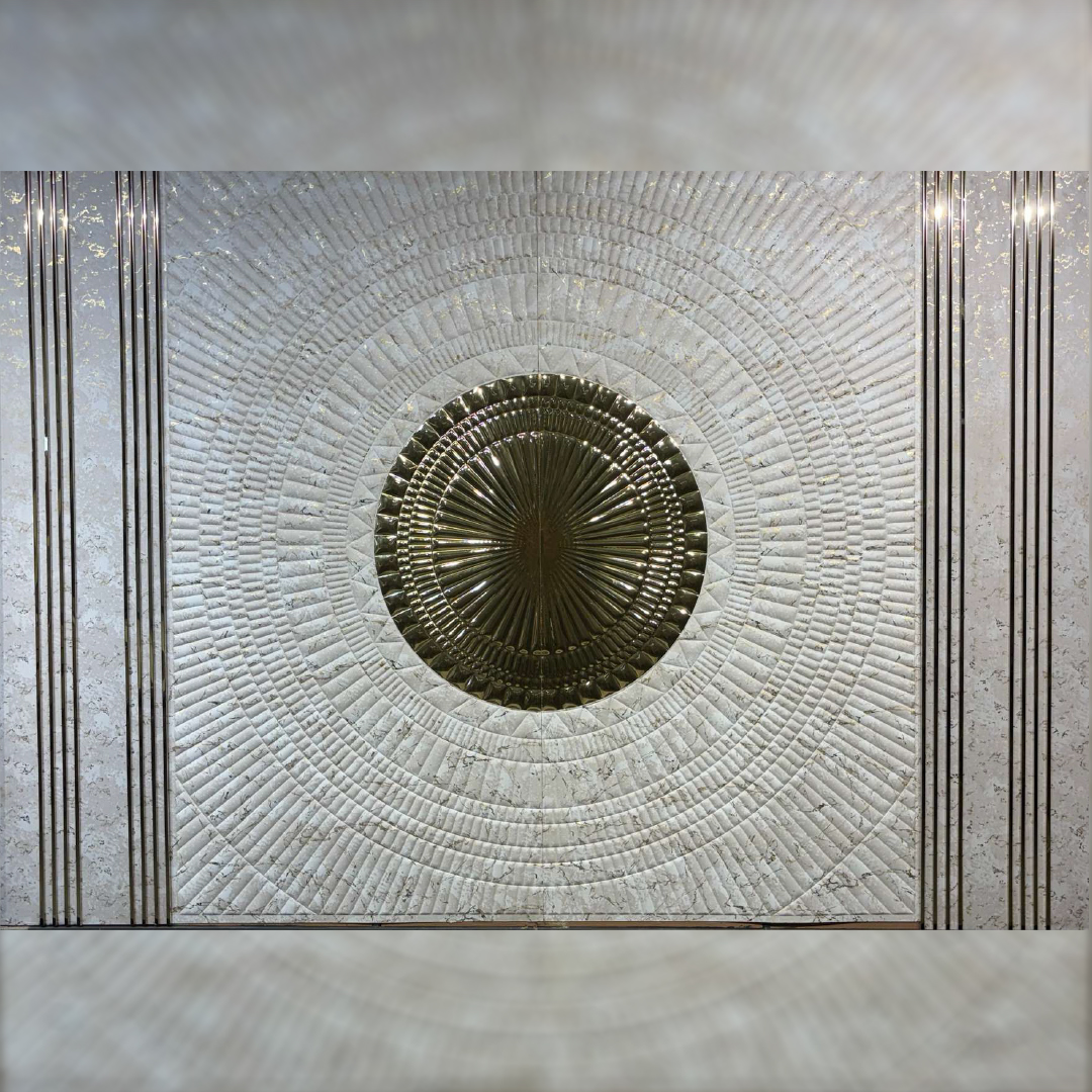 Premium fabric-backed stainless steel wall panel with bold fusion of textured radial patterns and elegant vertical metallic lines