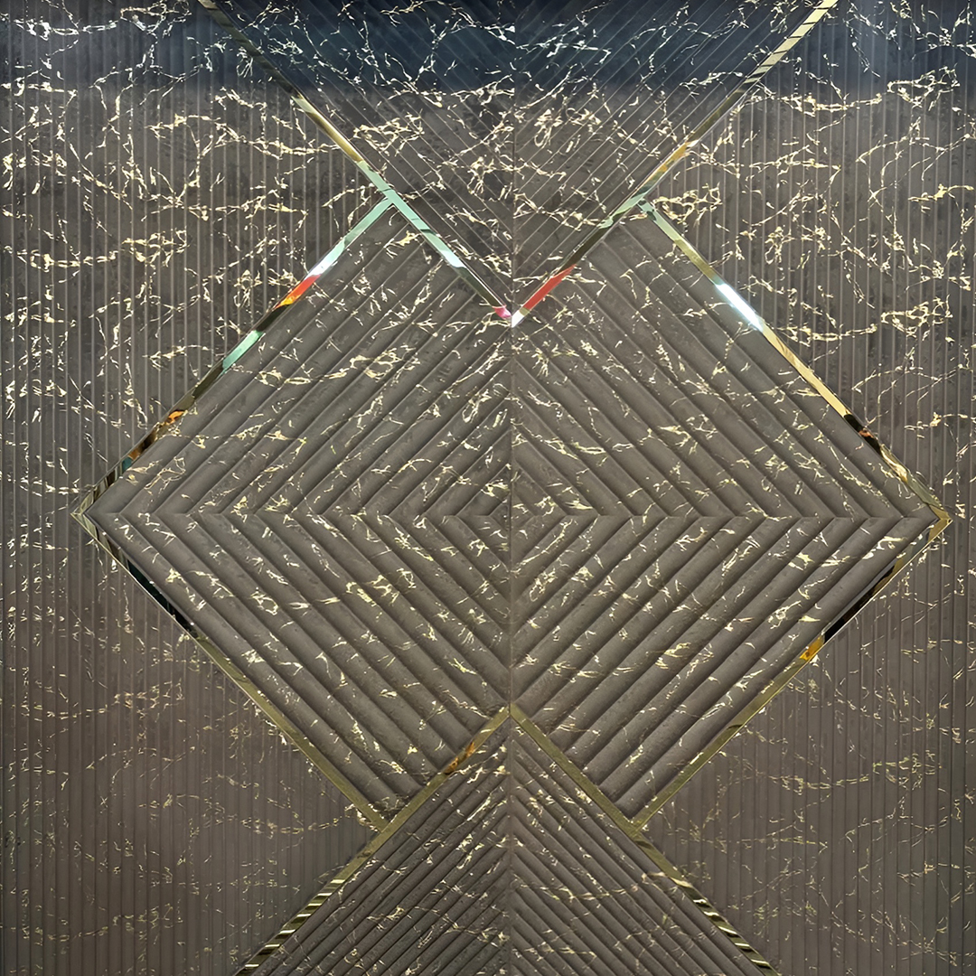 Premium fabric-backed stainless steel wall panel with striking geometric diamond design and golden metallic accents