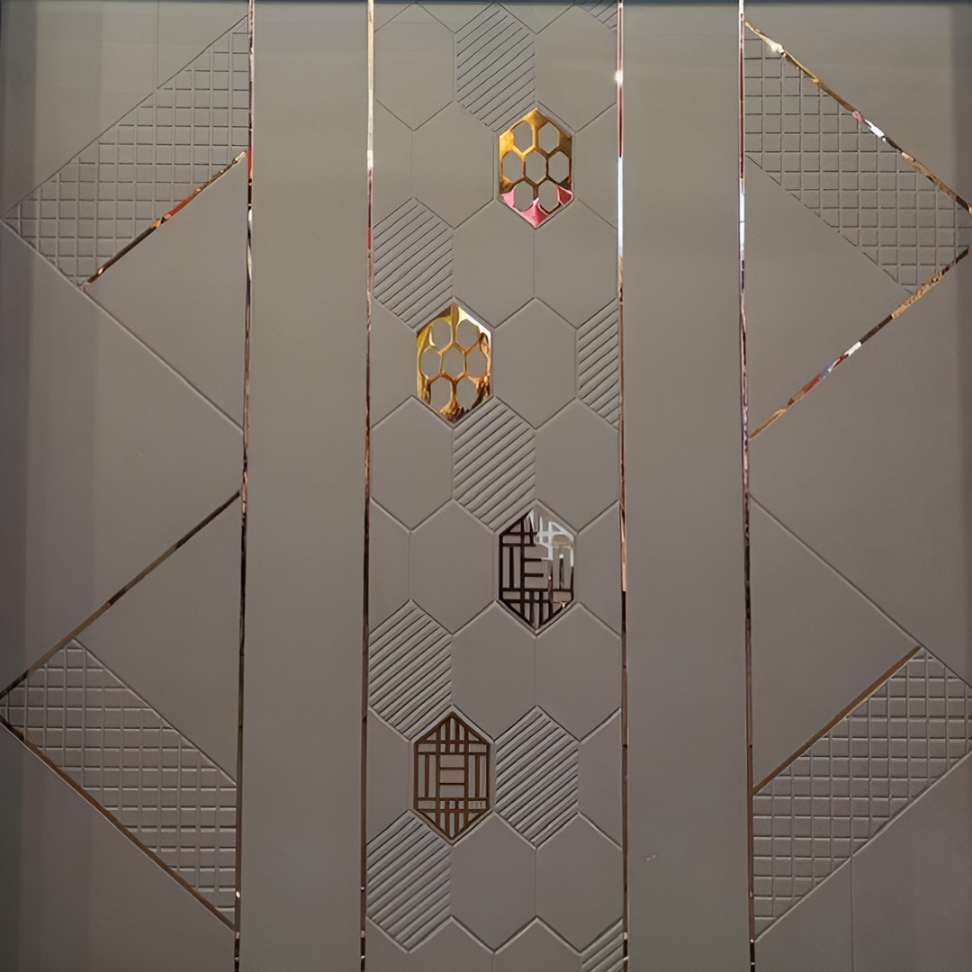 Premium fabric-backed stainless steel wall panel with sophisticated geometric hexagonal patterns and elegant gold accents