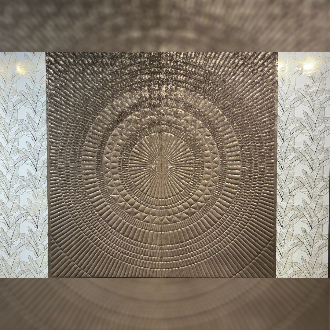 Premium fabric-backed stainless steel wall panel with luxurious central radial design and elegant leaf-patterned accents