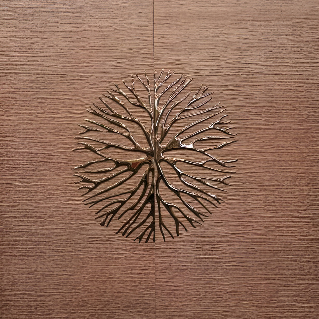 Premium fabric-backed stainless steel wall panel with sculptural tree design and rich metallic finish