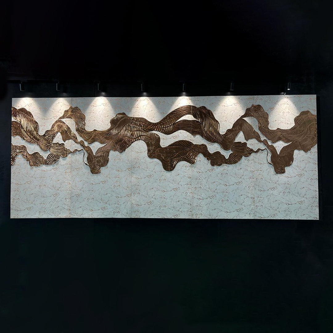 Premium fabric-backed stainless steel wall panel with dynamic flowing wave design and layered textures